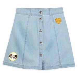 Disney Parks Mickey and Minnie Mouse Denim Skirt Patches Retro Button Front Sz L